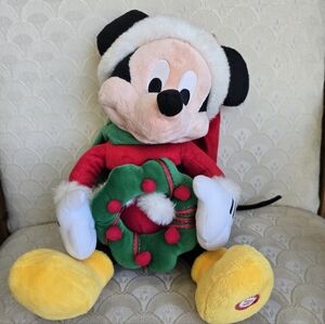 VTG Disney Christmas Mickey Mouse Plush Stuffed Animal Santa Hat Holiday Wreath